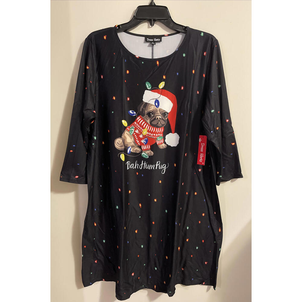 Dress Works Womens XL Black Pug Dog “Bah Hum Pug” Christmas Midi Dress NWT! A853